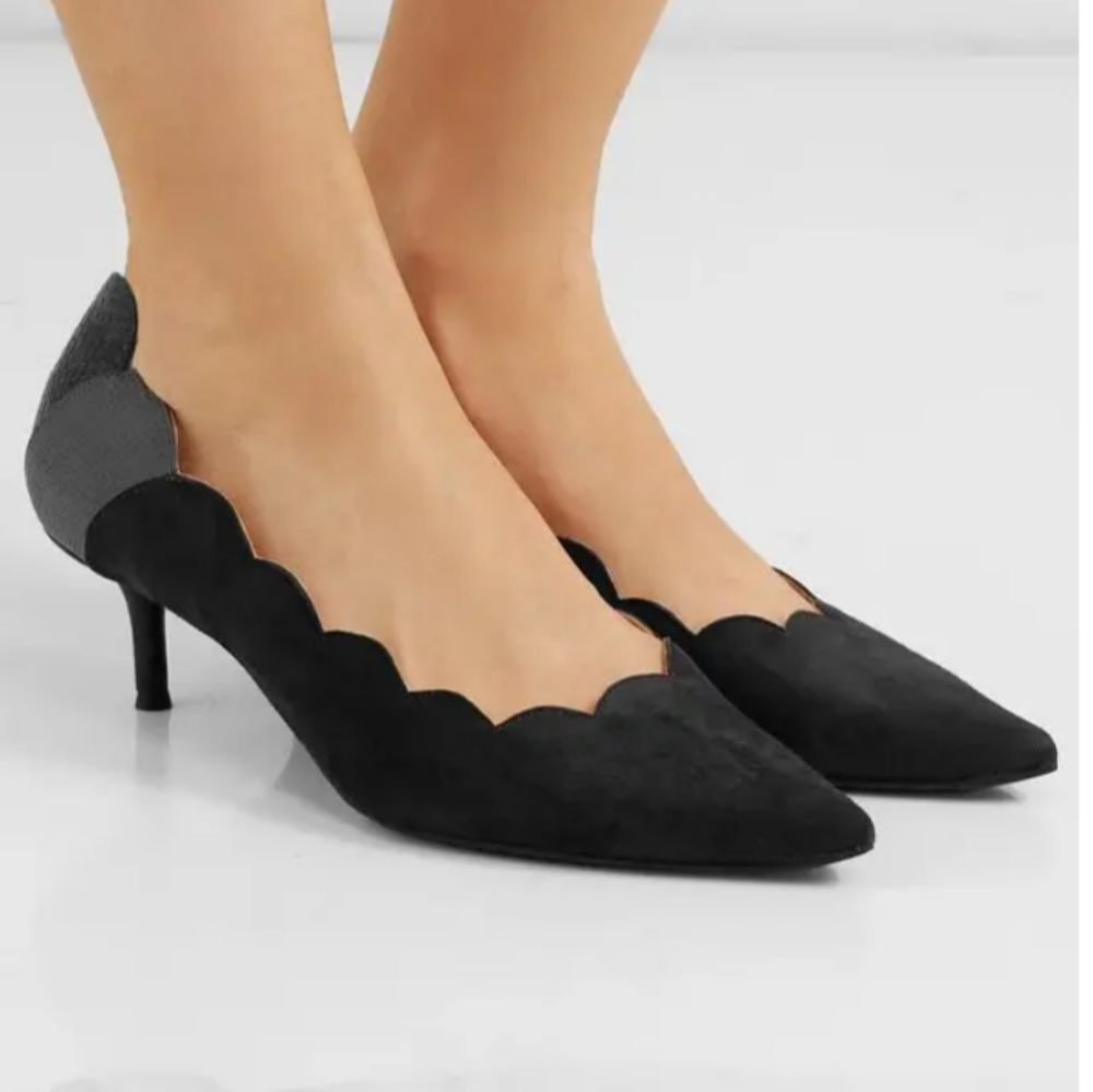 Chloé suede scalloped Lauren low heel charcoal and black snake detail pumps 10